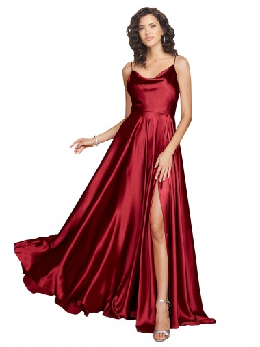 Wholesale Low Back Burgundy A-Line Cowl Neck Long Black Tie Evening Dress