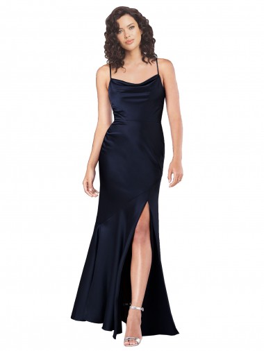 Wholesale Dark Navy A-Line Cowl Neck Long Black Tie Evening Dress