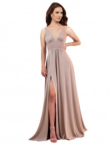 Wholesale Low Back Dusty Pink A-Line V-Neck Long Black Tie Evening Dress