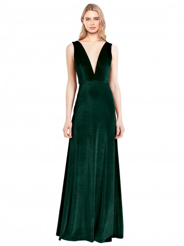 Wholesale V-Back Dark Green A-Line V-Neck Long Evening Dress