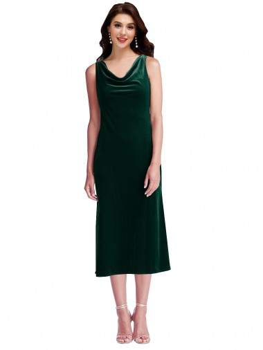 Wholesale V-Back Dark Green Sheath Cowl Neck Midi Length Evening Dress