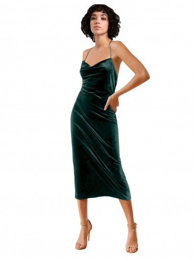 Wholesale Open Back Dark Green Sheath Cowl Neck Midi Length Formal Dress