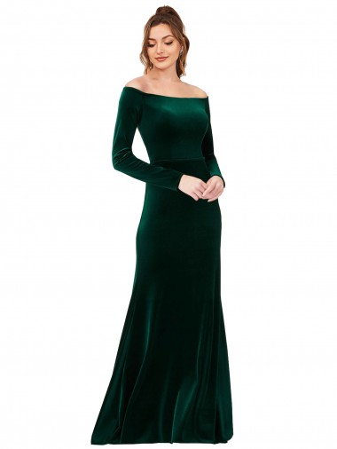 Wholesale Dark Green Sheath Off the Shoulder Long Formal Evening Dress